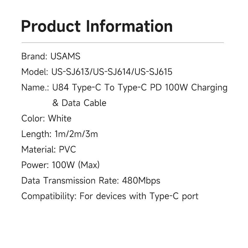 کابل شارژر دو سرتایپ سی یوسمز مدل US-SJ613 